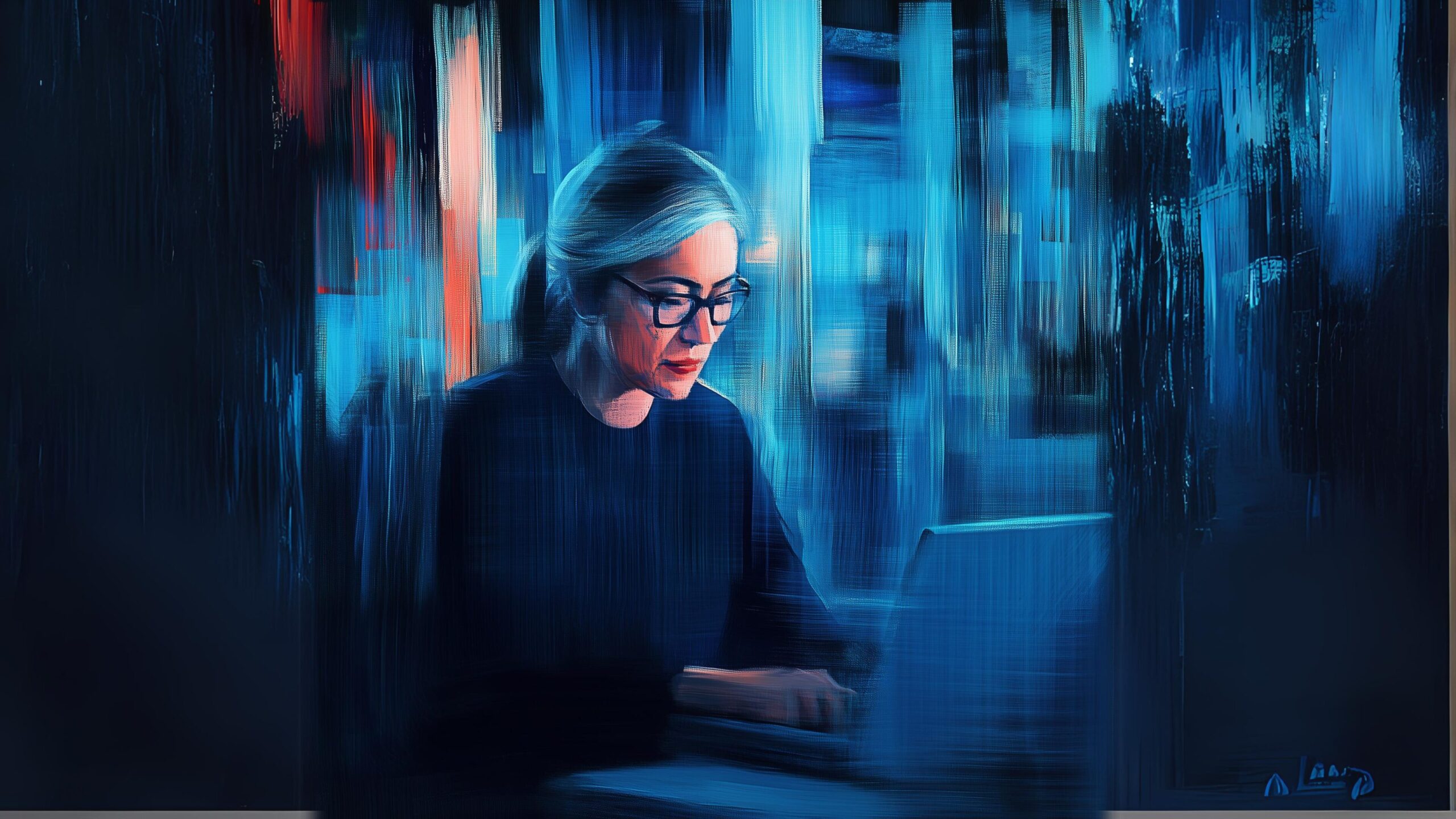 A woman with glasses sitting at a laptop in a dimly lit environment, illuminated by soft blue tones. The image features a blurred effect, emphasizing her focused expression as she works on the computer.