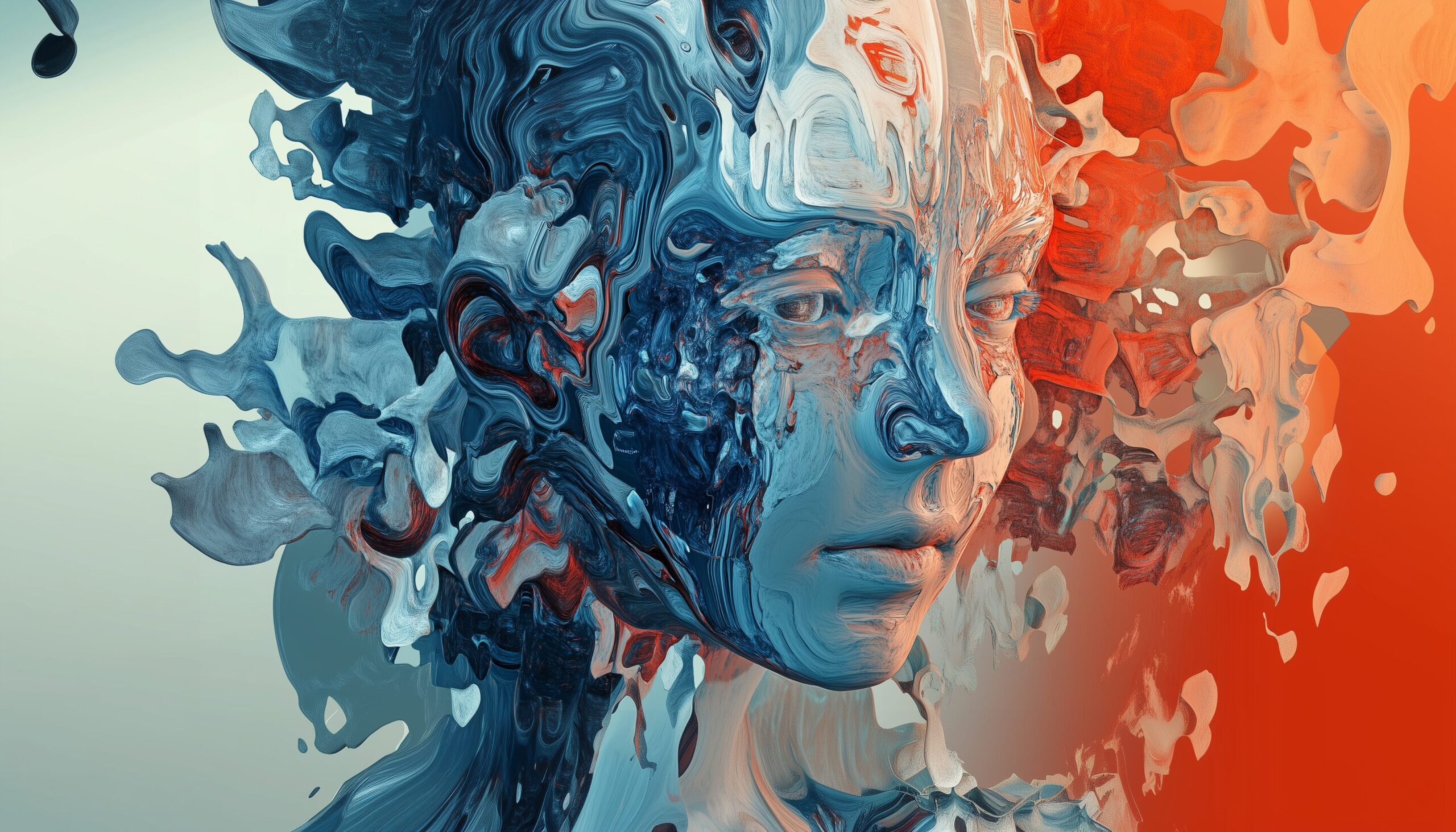 An abstract representation of a human-like face with fluid, swirling colors in shades of blue and orange, symbolizing the fusion of technology and human emotion, reflecting themes of artificial intelligence and digital identity.