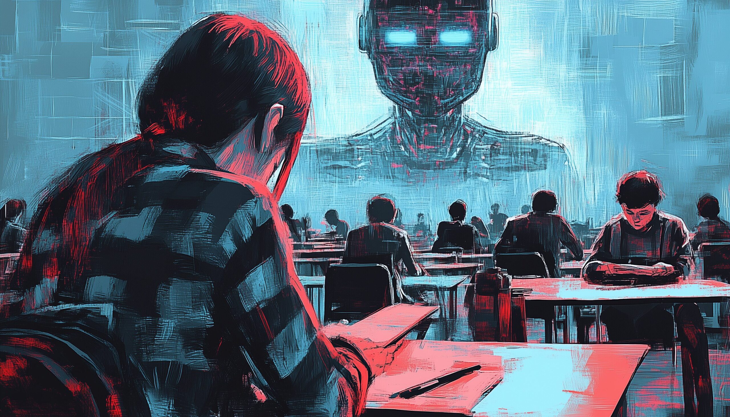 A classroom scene featuring students focused on their work at desks, with a large, stylized robotic figure in the background. The image is rendered in bold red and blue hues, emphasizing the contrast between human effort and technological presence.