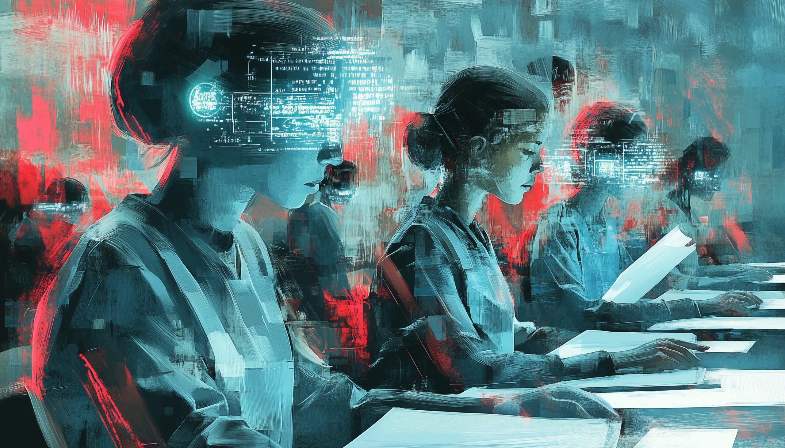 A classroom scene where students are wearing augmented reality headsets, appearing focused on their studies. The image features a blend of glowing digital data and abstract patterns, emphasizing a high-tech learning atmosphere.