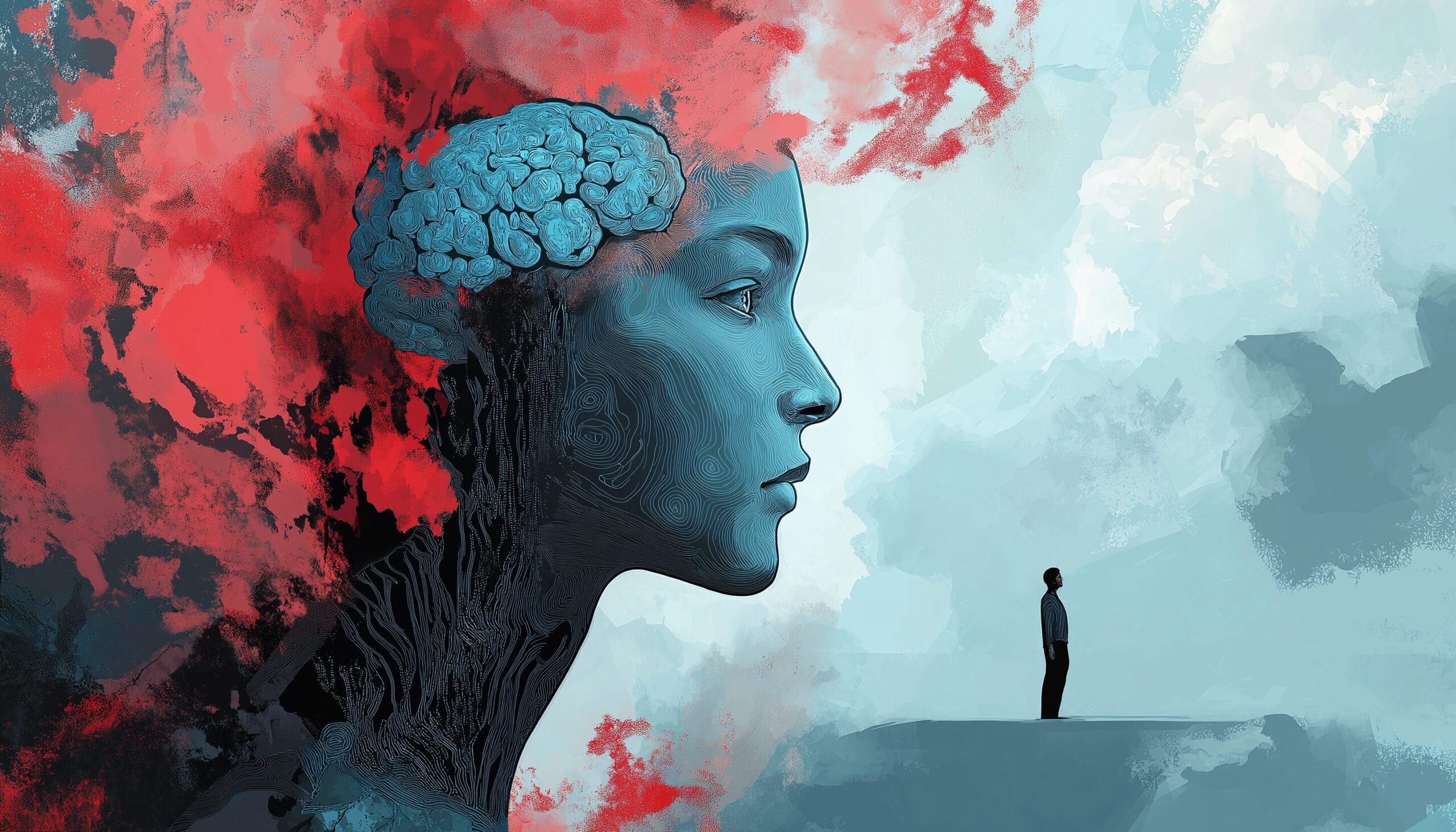 A profile of a woman with a blue brain emerging from her head, symbolizing artificial intelligence and human thought. Surrounding her are swirling red and blue clouds, while a small figure stands in the foreground, representing contemplation of AI's impact on consciousness.