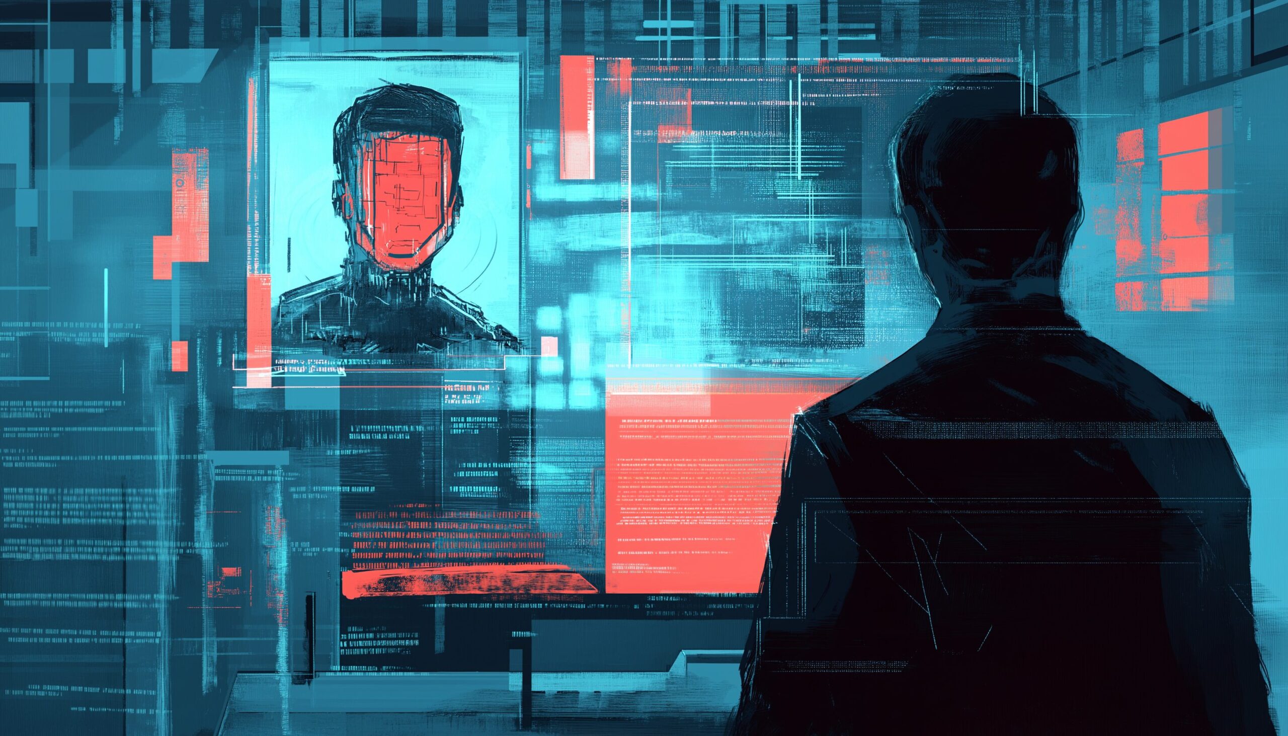 A man stands facing a digital screen showing a faceless AI figure, surrounded by glowing blue and red data streams. The scene conveys a high-tech environment focused on human-AI interaction.