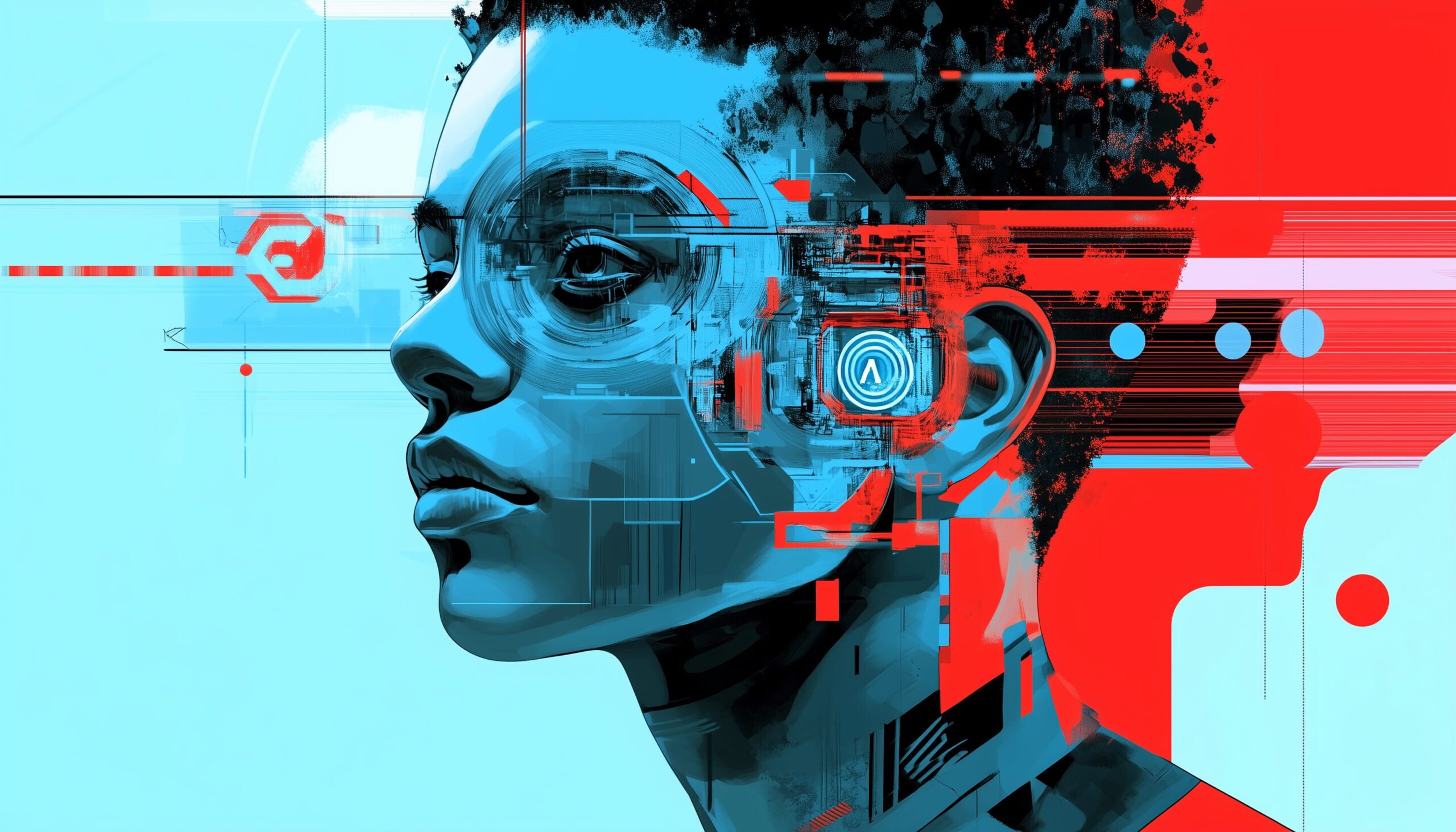 A close-up of a person's face with short, curly hair, rendered in a mix of blue and red hues. The face features digital overlays and circuitry patterns, emphasizing a fusion of human and machine. Abstract shapes and lines surround the figure, creating a dynamic, tech-inspired aesthetic.