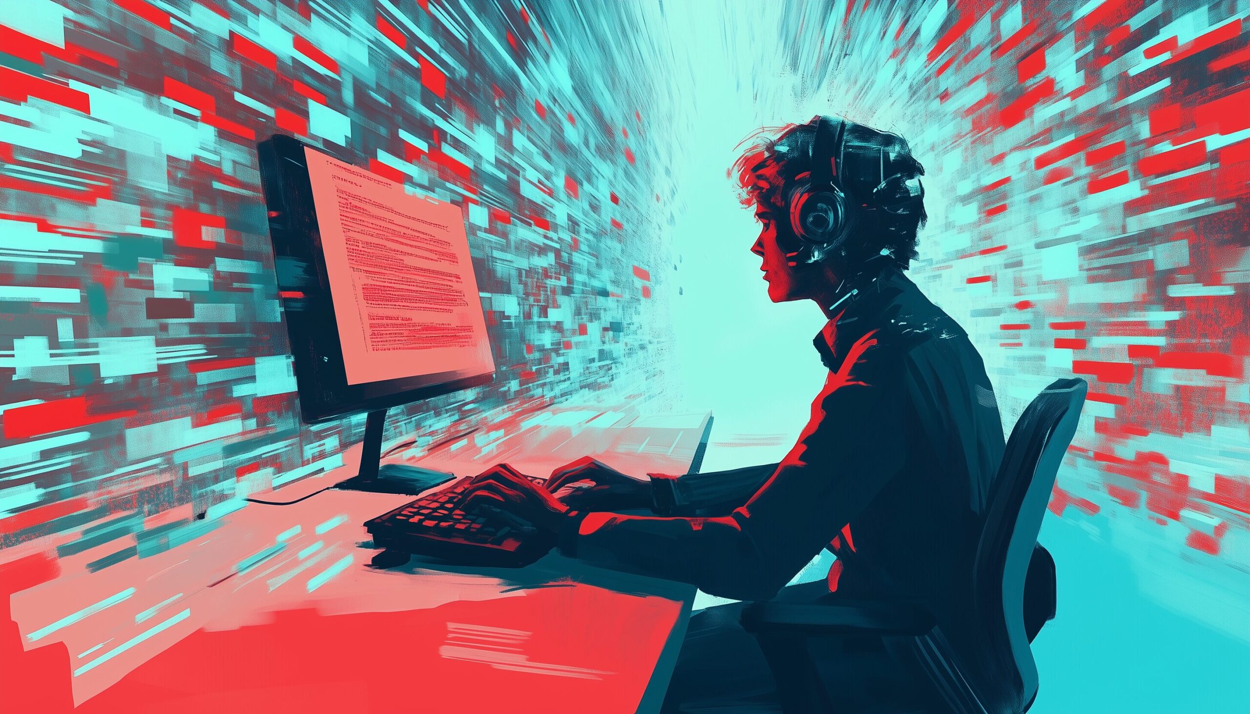 A person with curly hair wearing headphones sits at a computer, focused on the screen. The background is filled with dynamic bursts of red and blue data, illustrating a high-energy digital environment.